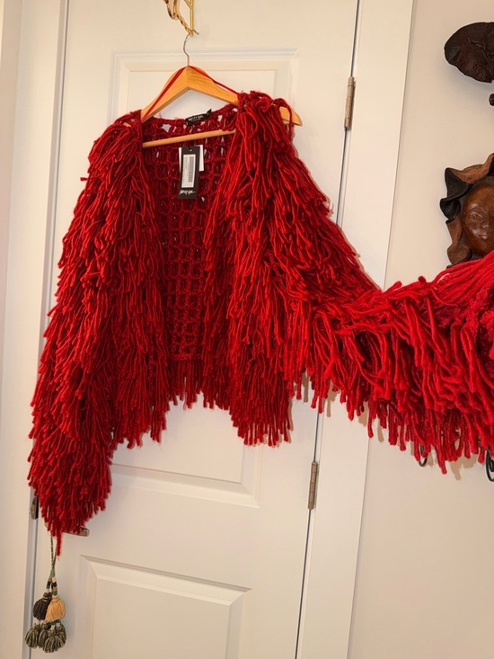 Nasty Gal Red Shaggy Open Knit Fringe Jacket - Picture 6 of 6
